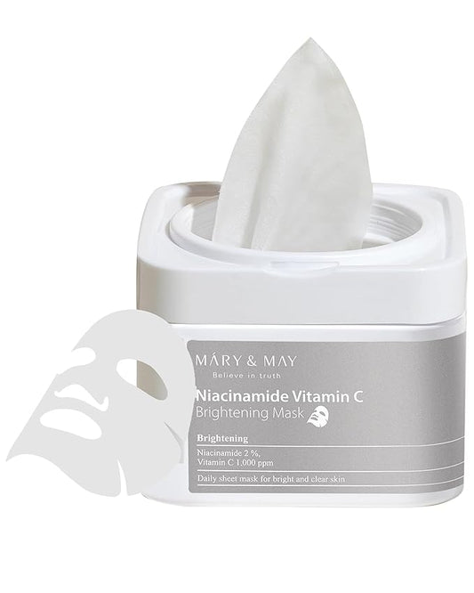 Mary&May Niacinamide Vitamin C Mask (30 Sheets) - Korean Face Mask for Glowing Skin - Daily Sheet Mask for Dark Spots & Dullness - Fragrance-Free, 13.52 fl.oz