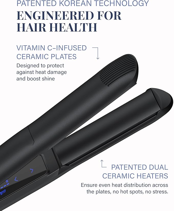 GLAMPALM Hair Straightener 1" Ceramic Volumizing Flat Iron Infused with Vita C, Korea's No.1 Professional Salon Tool, Curved Plates, Dual Voltage, Digital LED (210°–450°), 20s Fast Heat-Up (GP202T)