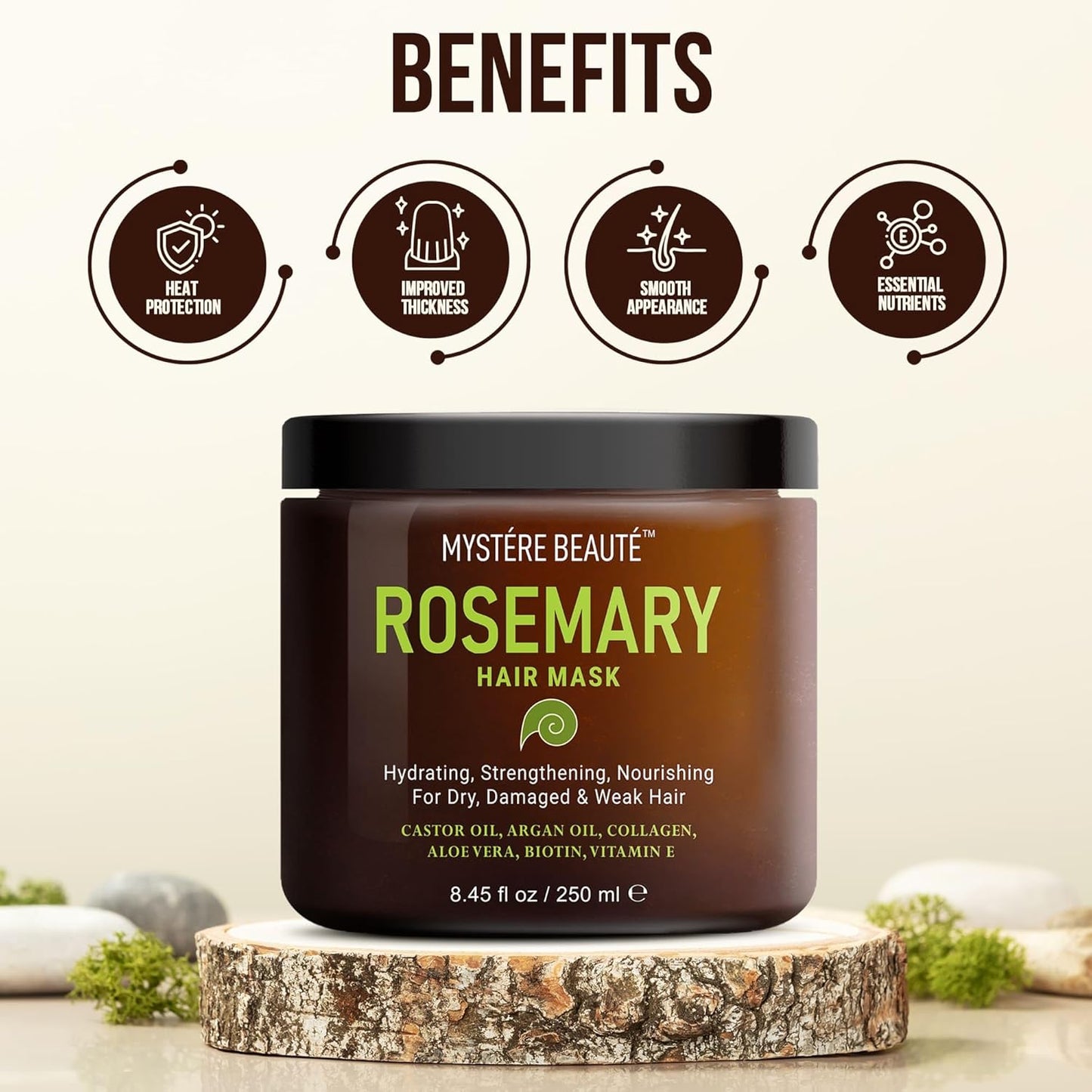 Rosemary Deep Conditioning Hair Mask for Dry Damaged Hair and Growth with Collagen Argan Oil - Rosemary Oil Leave in Conditioner aceite de romero puro y natural 8.5 fl oz x 2 Pack
