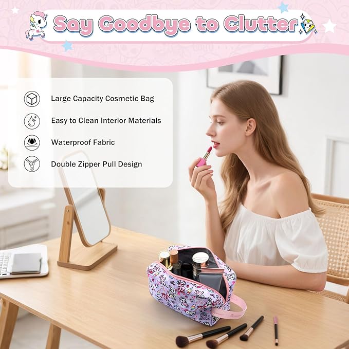 Tokidoki Makeup Bag for Women, Large Capacity Cosmetic Organizer & Toiletry Pouch with Handle, Official Licensed Unicorno Travel Cartoon Portable Makeup Case