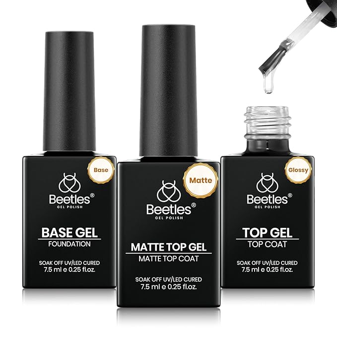 Beetles Gel Top Coat, Matte Top and Base Coat Set, 3 Pcs 10ml Glossy Matte No Wipe Long Lasting Basic Combination Soak Off LED Nail Lamp Art DIY Design Gifts for Women