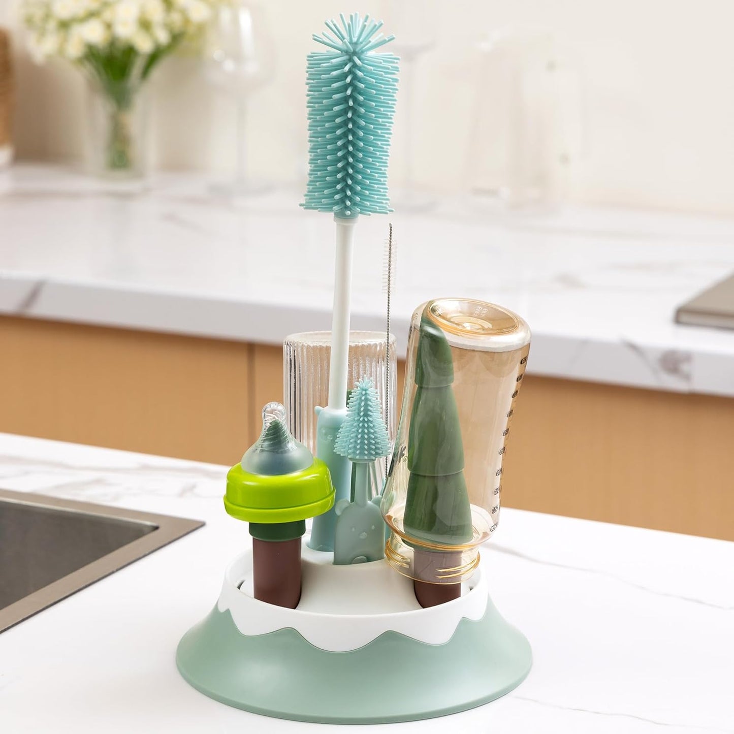 Baby Bottle Drying Rack and Cleaning Set, with Straight Silicone Baby Bottle Brush, Pacifier Brush, Straw Brush, Cup Lid Cleaning Brush, 2025 Xmas Holiday Surprise Gift for Newmom, Z Blue