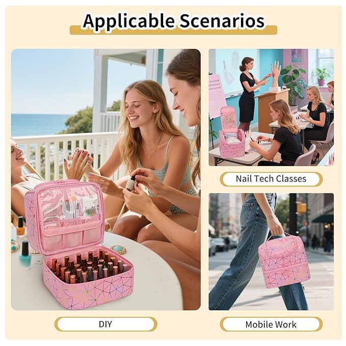 CUBETASTIC Nail Polish Organizer Bag, Double Layer Nail Tech Travel Case Holds 27 Bottles & Nail Lamp, Pink Nail Storage Organizer Box for Supplies, Portable Manicure Case