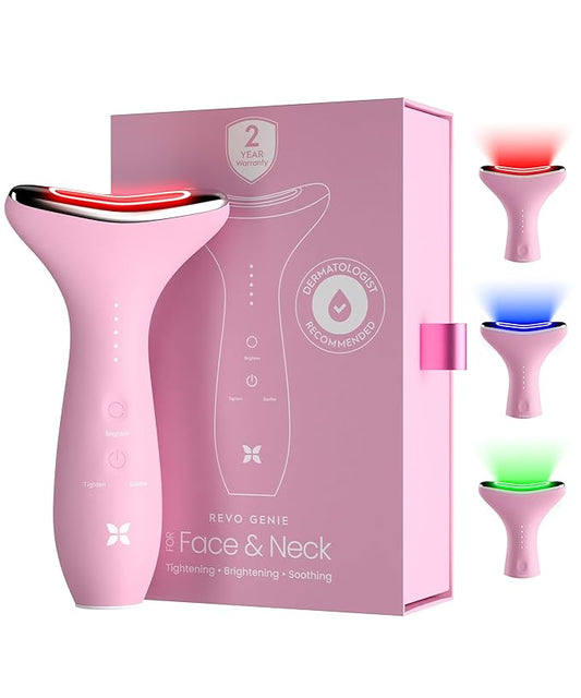 REVO Genie | 3-in-1 Face & Neck Beauty Massager with Heat, 3 Light Therapies, Smart Vibration | Red Light, Blue Light, Green Light Therapy for Smooth Glowing Skin - Pink Pearl