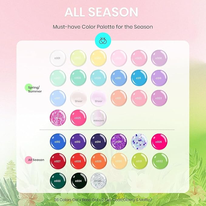 beetles Spring Gel Nail Polish Set - 36 Colors Pink White Nude Yellow Red Glitter Gel Polish with Base Matte&Glossy Top Soak off Uv Led Salon DIY Home Floral Rhapsody Easter Gifts for Women