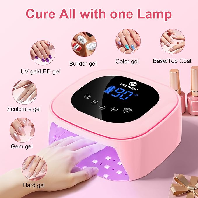 Cordless UV LED Nail Lamp, 80W Rechargeable Nail Dryer with 4 Timers, Atmosphere Light & Mirror Base, UV Light for All Gel Nails, Ideal for Training,Nail Art Practice,Home & Salon Use (Pink)