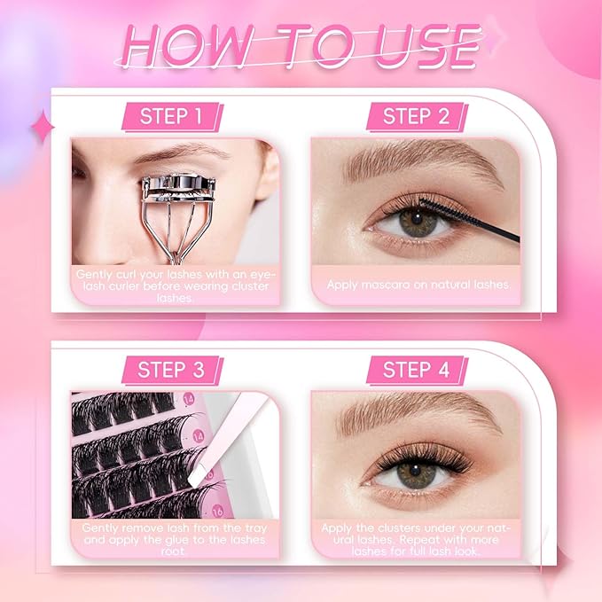 Lash Clusters 10-16mm 144pcs Mixed Tray Individual Lashes D Curl Individual Lashes Cluster Eyelash Extensions DIY Lash Extensions Eyelash Clusters Eyelash Extension Kit at Home (J02-0.07D, 10-16mm)