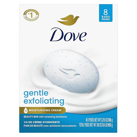 Dove Beauty Bar Soap 8 Bars Gentle Exfoliating, for Soft, Smooth Skin, Gently Renews Skin 3.75 oz