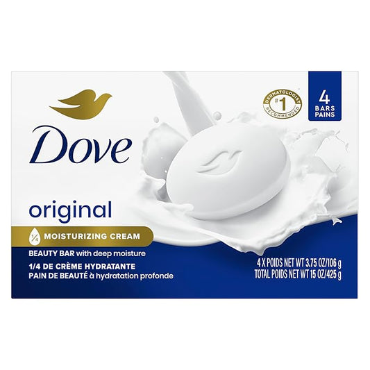 Dove Beauty Bar Gentle Skin Cleanser Moisturizing for Gentle Soft Skin Care Original Made With 1/4 Moisturizing Cream 3.75 oz, 4 Bars