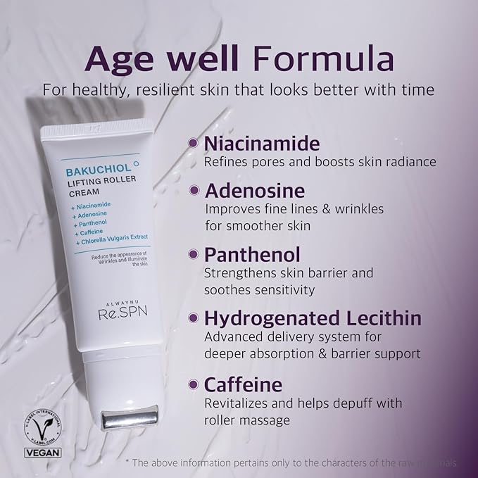 Re.SPN Bakuchiol Lifting Roller Cream – For Wrinkles, Lifting & Pore Tightening on Face & Neck with Gua Sha Applicator, Vegan, Natural Retinol, Niacinamide, K-Beauty (1.69 fl oz)