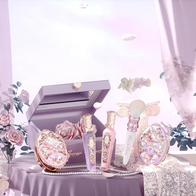 Flower Knows Violet Strawberry Rococo Gift Box Set,7-Piece Makeup Box with Mirror,Lip Gloss×2+Blush×2+Blush Brush×1+Hair Clip×1+Gift Box×1,Perfect Makeup Gift for Girls & Women