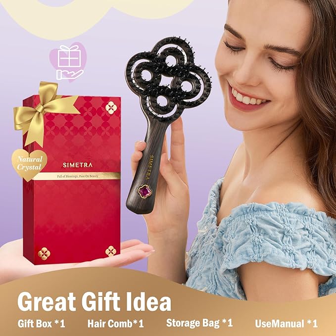 Simetra Detangler Hair Brush for Women and Men, Holiday Present - Original Detangling Brush for Curly Hair/Wet & Dry Hair, Natural Boar Bristles Hairbrush - Natural Crystal Inlay & 14K Gold Plating