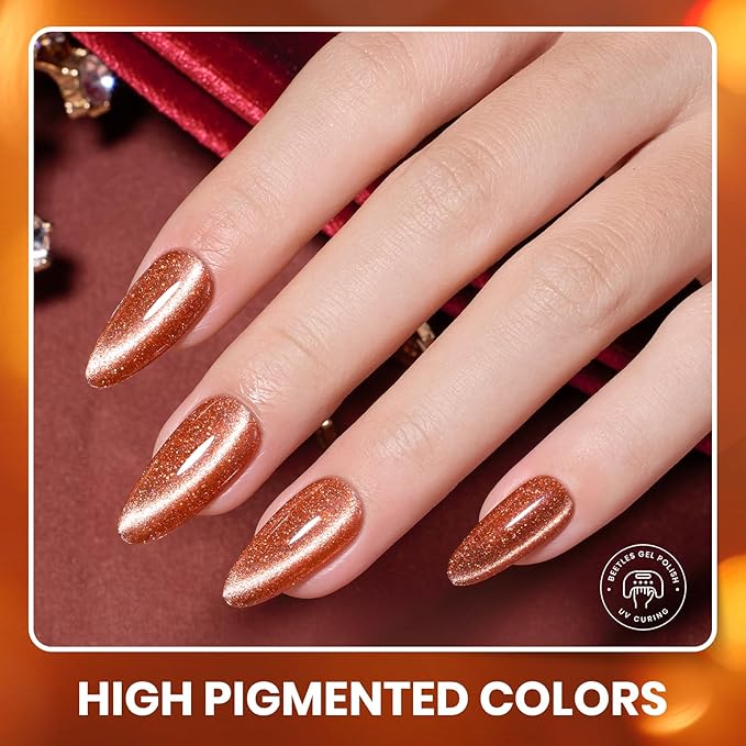 Beetles Gel Nail Polish Set – Opulent Glow Cat Eye Gel Polish, 20 Colors Red Orange Yellow Glitter Brown, Soak Off UV LED with Base Glossy Matte Top Coat for DIY Manicure Gift for Women