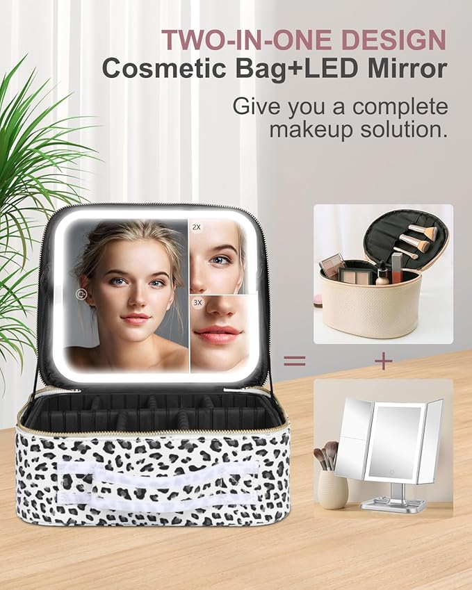 Makeup Bag with LED Lighted Mirror| Portable Makeup Organizer Train Case with 2X/3X Magnification & 3 Color Lights for Precision, Adjustable Brightness| Elegant Gift Packaging, Gift for Women, Leopard