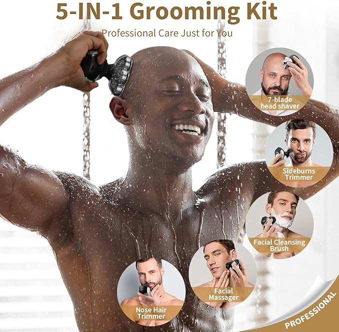 SHPAVVER Head Shavers for Bald Men: 5-in-1 Electric Razor - IPX7 Waterproof Shaving Grooming Kit for Balder - Turbo Speed & Precision Blades (Gray Black)