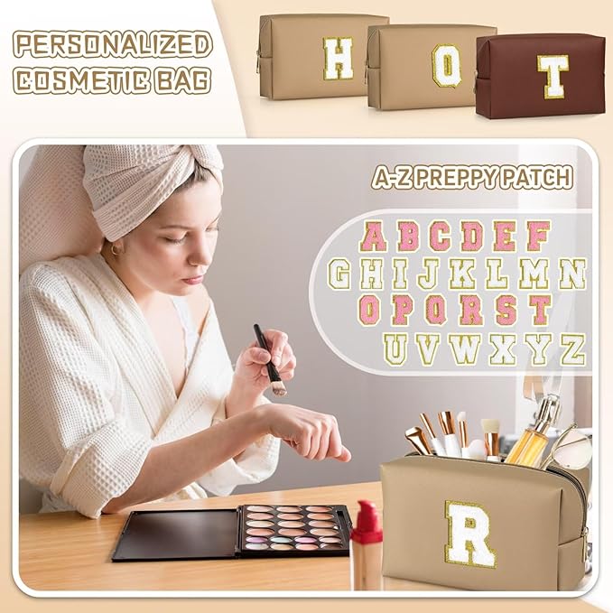 TOPEAST Monogrammed Gifts for Women, Preppy Makeup Bag Small Cosmetic Bag Travel Toiletry Bag, Personalized Birthday Gift for Girl, Wedding Bridal Shower Gifts for Bridesmaids (Khaki M)