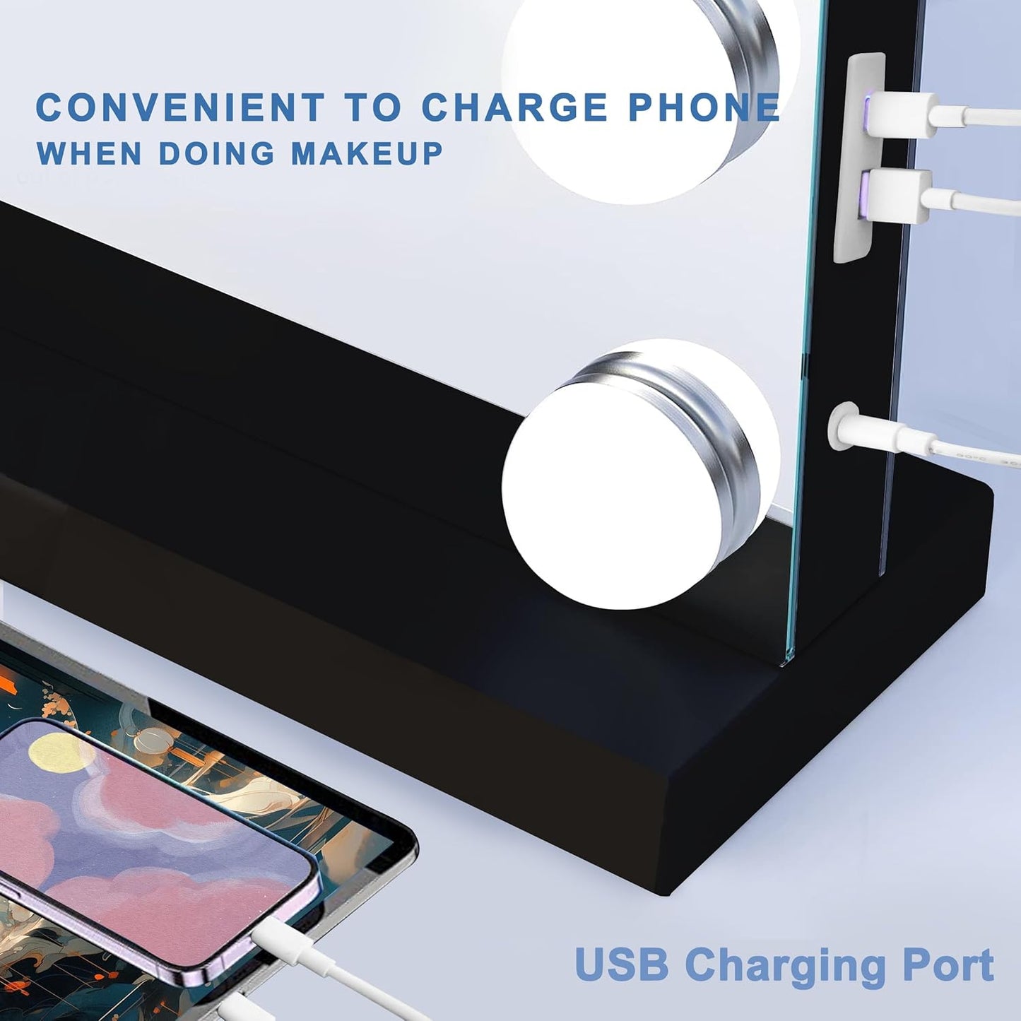 Black Hollywood Vanity Mirror with Lights, 15 Dimmable Bulbs, 3 Color Lights,Make Up Lighted Mirror, Aluminum Metal Frame, USB Charging Port（23" x 18"）