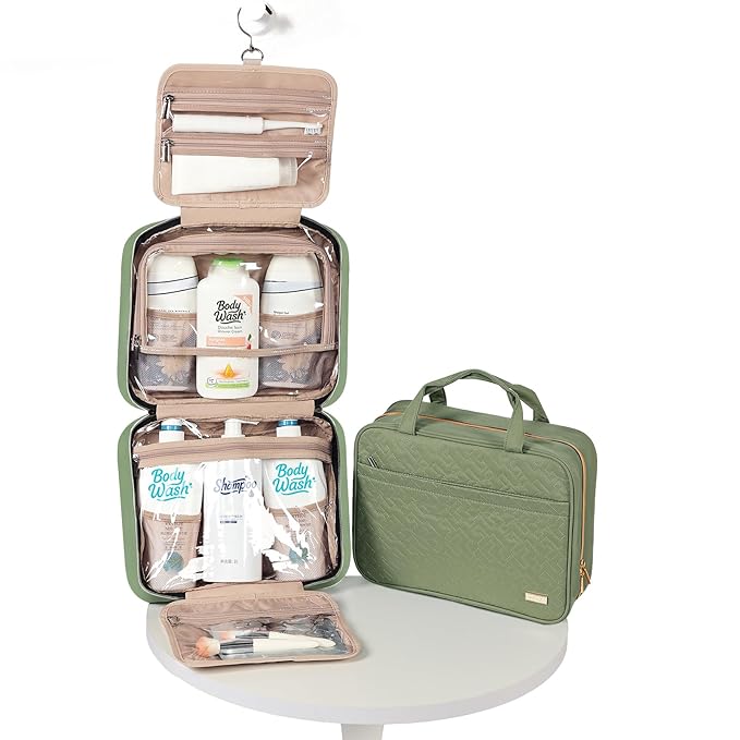 NISHEL Travel Toiletry Bag for women, Portable Hanging Organizer for Family-Sized Shampoo, Conditioner, Brushes Set, Makeup Accessories, Extra Large Size, Green