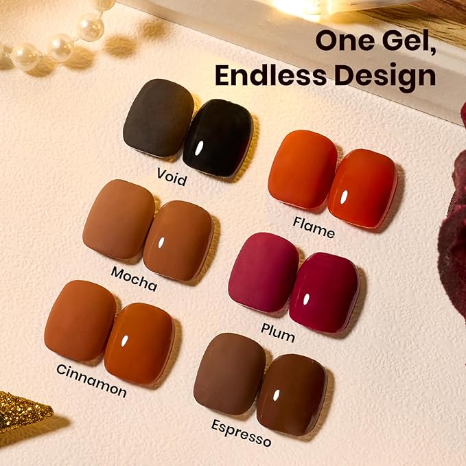 beetles Brown Gel Polish Set - Midnight Serenity HEMA-Free Gel Polish Set, 6 Colors 15ml Mocha Brown Wine Plum Shades, Salon-Quality Long Lasting Soak Off UV LED Nail Gel with Swatch Card