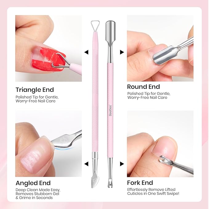 Beetles Manicure Kit for Women with Cuticle Remover, 3 PCS Pink Manicure Set Cuticle Trimmer Dual End Cuticles Pusher Clean Nails Tip Dirt Pusher with Storage Pouch Nail Prep Kit for Gel Nail Polish