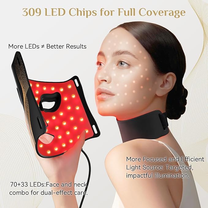 Red Light Therapy for Face, LED Light Therapy Mask & Neck Skin Care Mask, Infrared Red Light Therapy Mask Wavelength for Home Use Working Travel Yoga Sleep