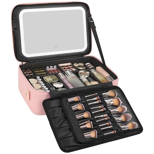 Relavel Large Makeup Case with LED Mirror, Train Cosmetic Case with Separate Brush Board, Professional Makeup Organizer Storage with Detachable Dividers for Makeup Artists, Hairstylist - Pink
