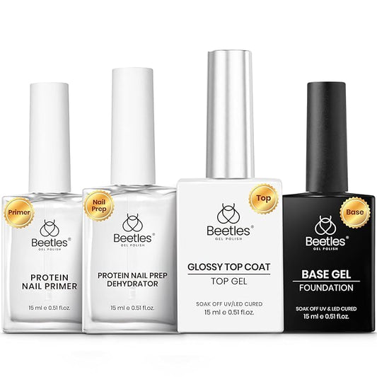 Beetles Gel Base and Top Coat Set with Protein Nail Dehydrator and Primer, 4 Pcs 15ml Extra Glossy Top Coat and Base Acid-Free & HEMA-Free Nail Prep Bond Primer for Acrylic & Gel Polish Gifts