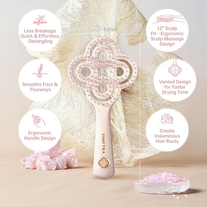 Simetra Detangler Hair Brush for Women and Men, Original Detangling Brush for Curly Hair/Fine &Thick/Wet & Dry Hair, Holiday Present Hairbrush - Natural Crystal Inlay & 14K Gold Plating