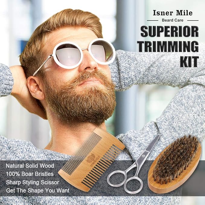 Isner Mile Beard Grooming Kit for Men Care: Trimming Sets with Beard Wash - Oil - Balm - Brush - Comb & Straight Razor, Birthday Christmas Gifts Mens Stocking Stuffers for Him Boyfriend Dad Husband