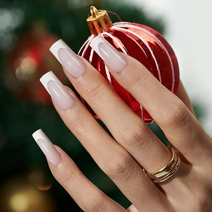 BTArtboxnails French Tip Press on Nails - 150pcs XCOATTIPS Long Square Modern French Tip Nails, White on White Soft Gel Nail Tips Pre-applied Tip Primer & Base Coat, No Need File False Nails
