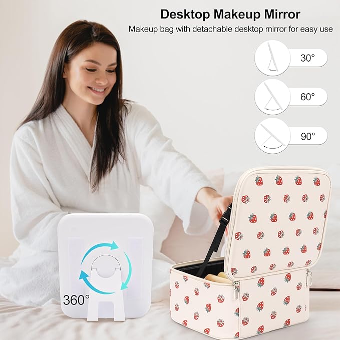 Relavel Travel Makeup Bag with LED Mirror, Portable Cosmetic Train Case with 3 Color Lighted Brightness Mirror, Makeup Artist Organizer Storage with Adjustable Dividers Make Up Box - White Strawberry