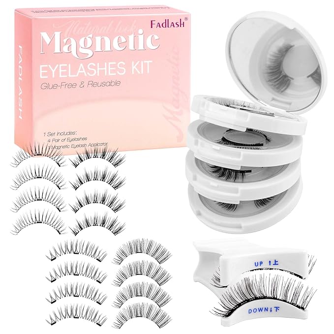 FADLASH Magnetic Eyelashes with Applicator 4 Pairs Magnetic Lashes Reusable Magnetic Eye Lashes Kit Natural Look False Eyelashes (079+604+806+B7)