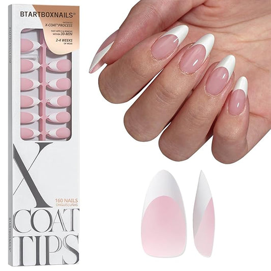 BTArtboxnails French Gel Nail Tips - French Tip Press on Nails Pink Medium Almond XCOATTIPS for Nail Extensions