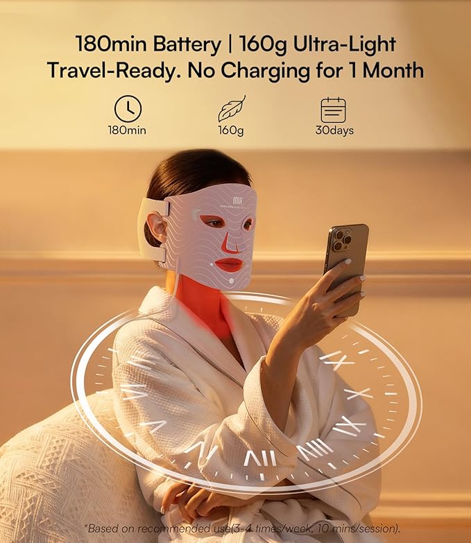 INIA Red Light Therapy Mask for Face – 4 Light Modes with 850nm NIR, Red & Blue LED Light Therapy, 2600mAh Rechargeable LED Face Mask for Radiant Glow at Home, Pink