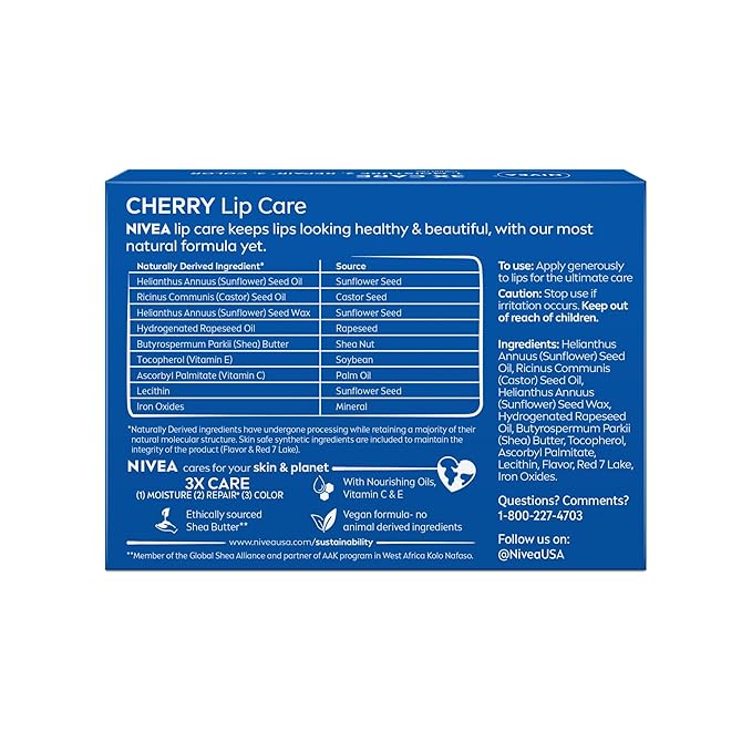 NIVEA Cherry Lip Care, Ruby Tinted Lip Balm Pack with Shea Butter, Nourishing Oils and Vitamin C & E, 3-in-1 Moisture, Repair and Color, 0.17 Oz Stick, Pack of 4