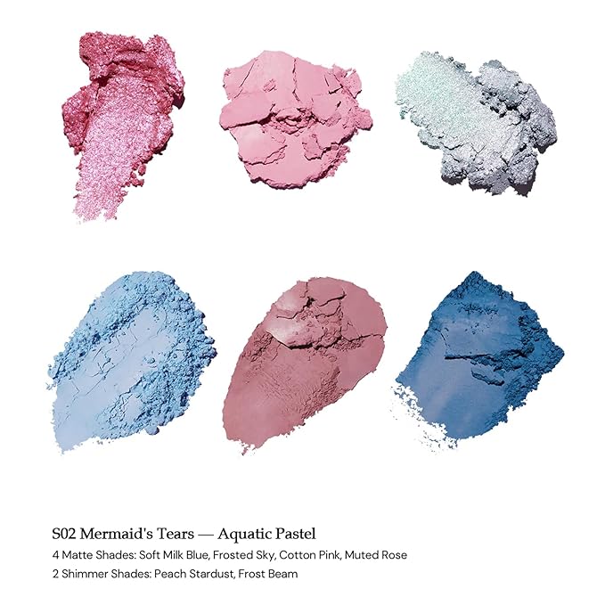 Flower Knows Shell's Jewel 6-Color Makeup Palette,Pink Blue Face Makeup Palette with 4 Matte + 2 Shimmer Shades,Blendable Smooth Cute Make Up,0.23 Oz(02 Mermaid's Tears)