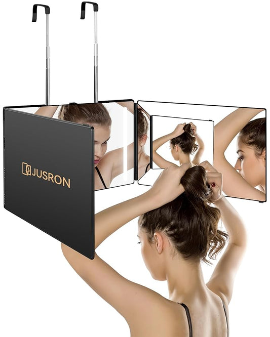 JUSRON 360 Viewing Angle Self Hair Cutting Mirror, Clear Anti-Fog HD Glass, USB Rechargeable, Easy to Use, Height Adjustable, Portable, Good Choice for Gifts