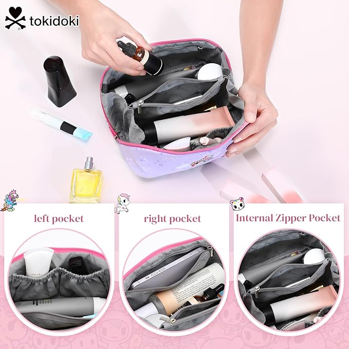 Tokidoki Makeup Bag for Women, Large Capacity Cosmetic Organizer & Toiletry Pouch with Handle, Official Licensed Unicorno Travel Cartoon Portable Makeup Case