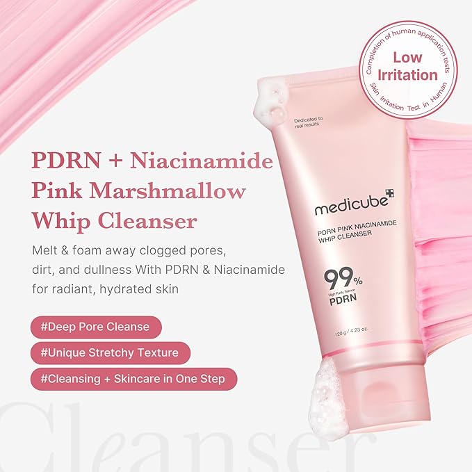 medicube Hydrating & Soothing PDRN Set: PDRN Marshmallow Whip Cleanser and Salmon Pink Collagen Capsule Cream, Face Moisturizer