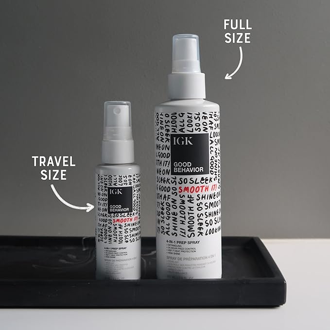 IGK GOOD BEHAVIOR 4-in-1 Prep Spray Travel Size | Gently Detangles, Controls Frizz for 24 Hours, Heat Protection & Shine | Weightless Formula for Smooth Hair | 2.0 Fl Oz (Pack of 2)