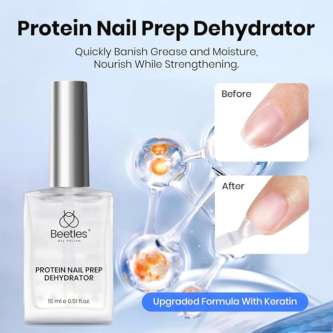 Beetles Gel Base and Top Coat Set with Protein Nail Dehydrator and Primer, 4 Pcs 15ml Extra Glossy Top Coat and Base Acid-Free & HEMA-Free Nail Prep Bond Primer for Acrylic & Gel Polish Gifts