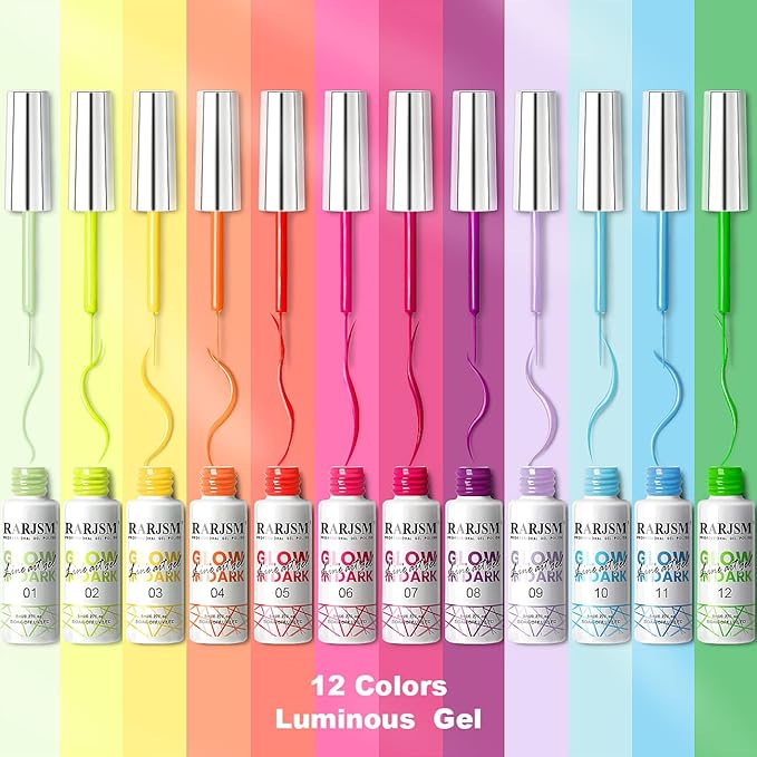 RARJSM Nail Art Gel Set, Glow In The Dark Gel Liner Nail Art Polish Luminous Design Nailpolish Neon Fluorescent Drawing Painting NailArt Polish Neon Colors