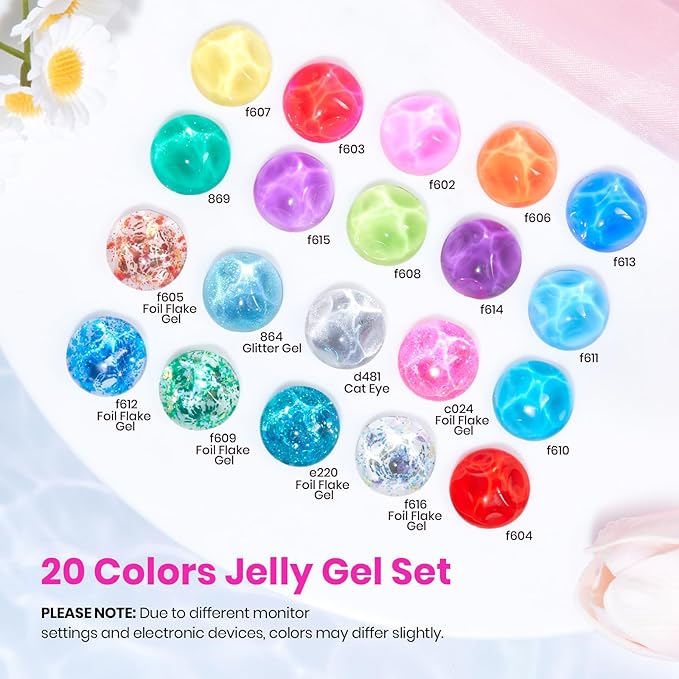 Beetles Jelly Gel Nail Polish Set - 20 Colors Spring Cat Eye Glitter Rainbow Soak Off UV LED Gel Nail Kit Pink Orange Blue with Base Matte Top Coat for DIY Nail Art Sunbeam Jelly Easter Gift for Women