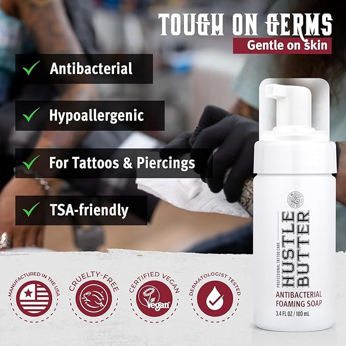 Hustle Bubbles Tattoo Aftercare - Antibacterial Foaming Tattoo Soap for New Tattoos and Piercings - TSA Approved - Vegan, Cruelty Free - 3.4 fl oz