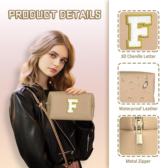 TOPEAST Monogrammed Gifts for Women, Preppy Makeup Bag Small Cosmetic Bag Travel Toiletry Bag, Personalized Birthday Gift for Girl, Wedding Bridal Shower Gifts for Bridesmaids (Khaki M)