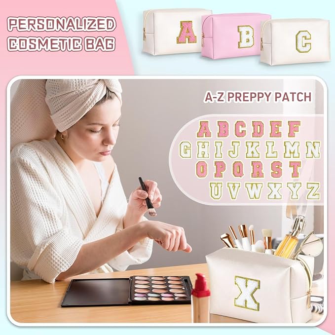 TOPEAST Preppy Makeup Bag, Cute Makeup Pouch PU Leather Waterproof Cosmetic Bag, Personalized Birthday Gifts for Mom Teacher Friends Bridesmaids Nurse, Trendy Stuff for Girls (White I)