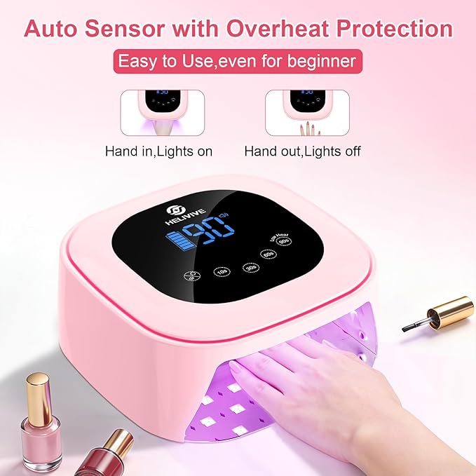 Cordless UV LED Nail Lamp, 80W Rechargeable Nail Dryer with 4 Timers, Atmosphere Light & Mirror Base, UV Light for All Gel Nails, Ideal for Training,Nail Art Practice,Home & Salon Use (Pink)