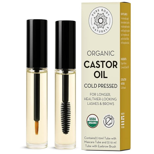 Pure Body Naturals Castor Oil for Eyelashes and Eyebrows - Nourishing Brow & Lash Growth Serum - Castor Oil Organic, Cold Pressed, Hexane Free - 2 Pre-Filled Applicators (10 ml each)