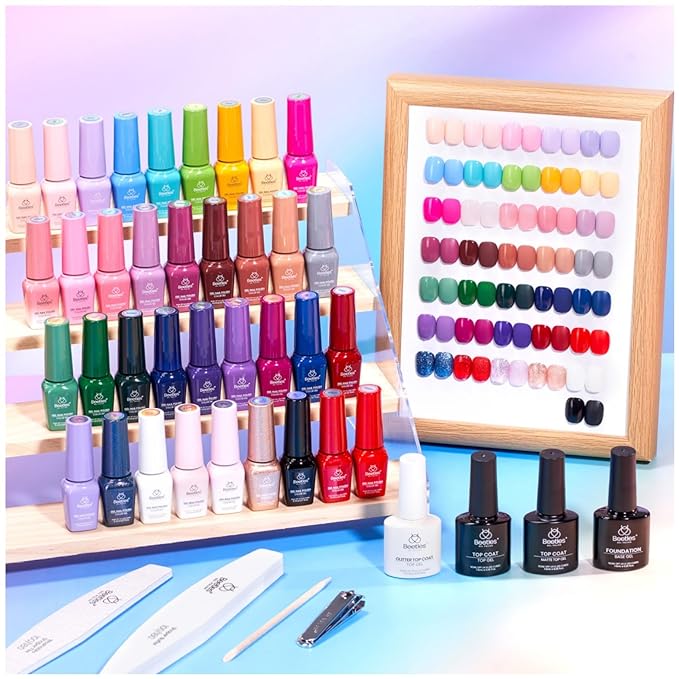 beetles Gel Polish Shifting Lights - Gel Nail Polish Set Brown Burgundy Red Black White Green Purple Glitter 36 Colors with Base Coat Glossy Matte Glitter Top Coat UV LED Soak Off Gift for Women