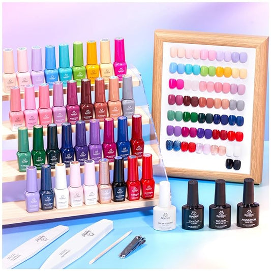 beetles Gel Polish Shifting Lights - Gel Nail Polish Set Brown Burgundy Red Black White Green Purple Glitter 36 Colors with Base Coat Glossy Matte Glitter Top Coat UV LED Soak Off Gift for Women